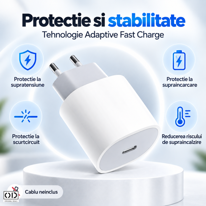 Incarcator retea USB-C 20W Fast Charge pentru iPhone, alb, compact | ORIGINAL DEALS [7]