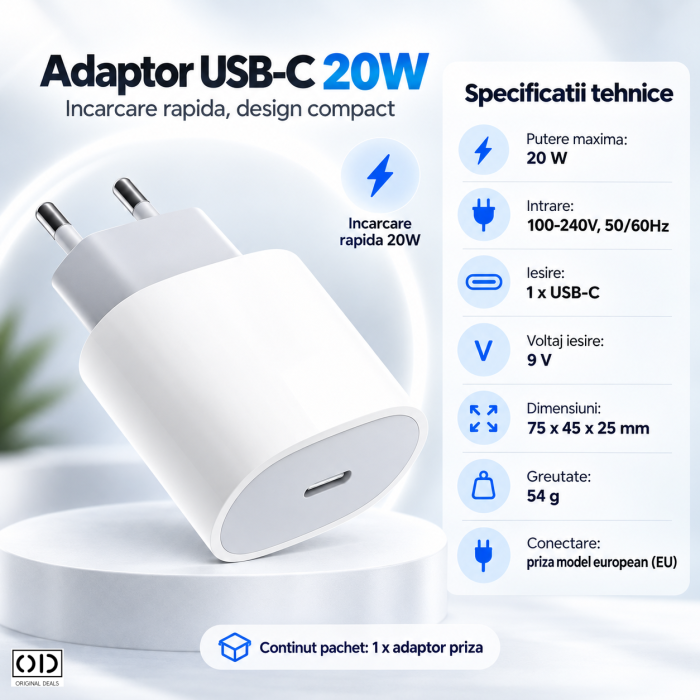Incarcator retea USB-C 20W Fast Charge pentru iPhone, alb, compact | ORIGINAL DEALS [3]