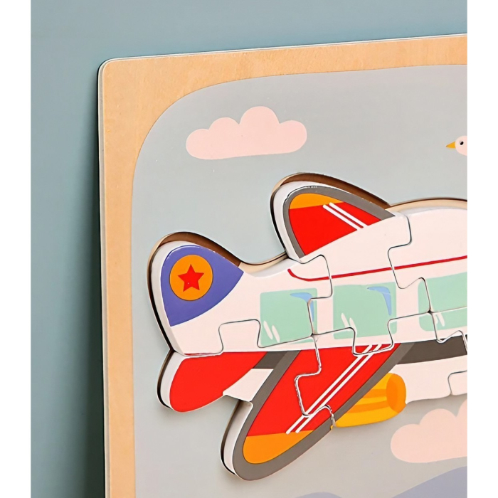 Puzzle Montessori din Lemn pentru Copii, , 3D, 0-3 Ani, Model Avion, Educativ, Intuitiv, Creativ, 6 Piese, 15x15x0.5 cm, Multicolor [6]