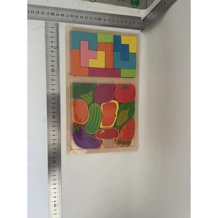 Puzzle Montessori din Lemn pentru Copii, , Tip Tetris 2in1 +3 Ani, cu Legume Colorate 3D, Educativ, Intuitiv, Creativ, 21 de Piese, 28.5x17x1.2 cm, Multicolor [2]