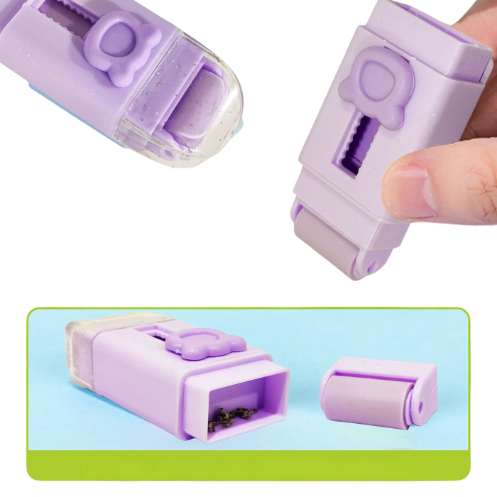 Radiera Retractabila, , Model Ursulet, Reglare Push-Pull, Radiera de tip Push, Doua Radiere de Rezerva in set din Cauciuc, Mov [4]