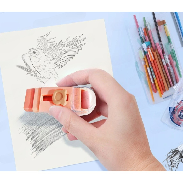 Radiera Retractabila, , Model Ursulet, Reglare Push-Pull, Radiera de tip Push, Doua Radiere de Rezerva in set din Cauciuc, Roz deschis [3]