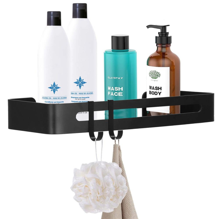 Raft de baie cu 2 agatatori, 2 sisteme instalare pe perete, aluminiu, 32x12x4cm, negru [7]