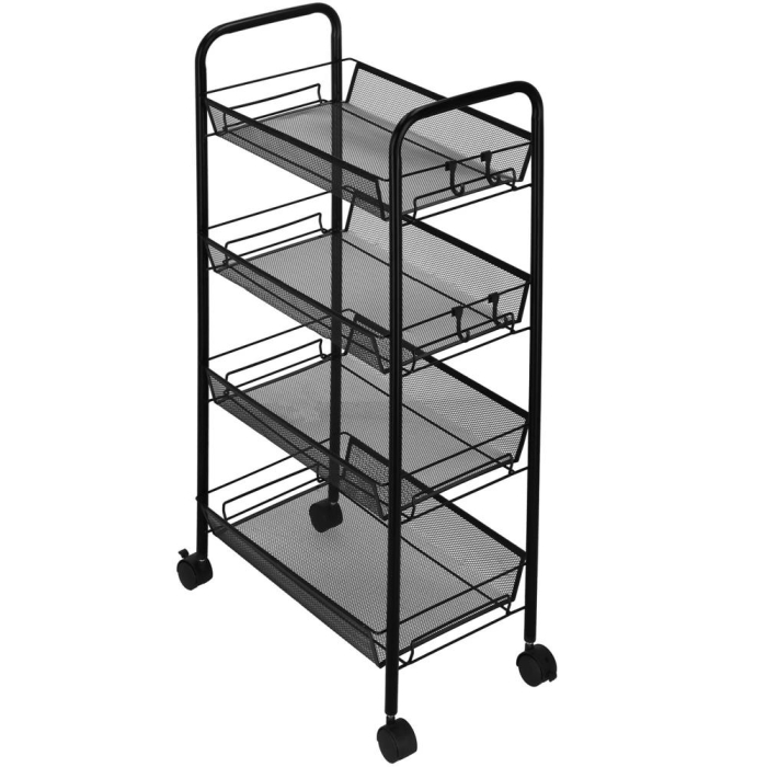 Raft metalic mobil tip carucior pentru bucatarie, 4 polite si 4 agatatori, negru, 44x26x85cm [18]