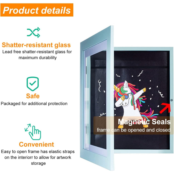 Rama Foto , cu Magnet, din Lemn, cu Spatiu Pentru Depozitare, Pentru Desene si Picturi A4, Sticla Securizata, Rama MDF, 21x30 cm, Albastru [3]