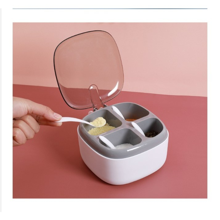 Recipient pentru condimente , 4 casute, potrivit pentru sare, cimbru, piper, condimente, 4 lingurite din plastic, capac din plastic, maner, 14x14x8 cm, alb [4]