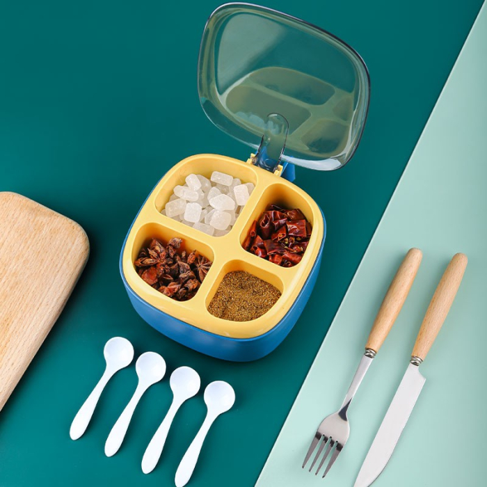 Recipient pentru condimente , 4 casute, potrivit pentru sare, cimbru, piper, condimente, 4 lingurite din plastic, capac din plastic, maner, 14x14x8 cm, albastru [3]