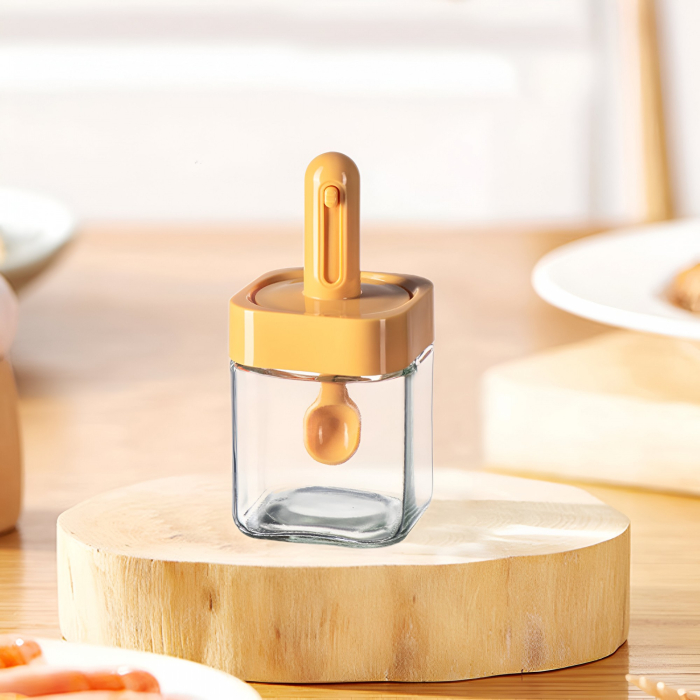 Recipient pentru Depozitarea Condimentelor, , Borcan din Sticla, Capac si Lingura Incorporate, Uz Casnic, 300 ml, 7.1x7.1x14.8 cm, Portocaliu [7]