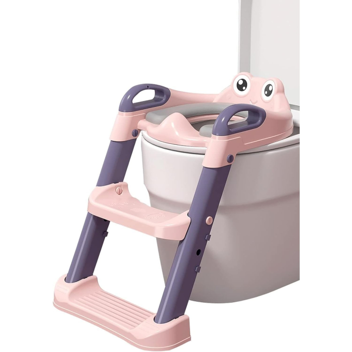 Reductor si Scaunel Inaltator WC, , pentru Copii 1 - 7 Ani, 2 Trepte Reglabile, Pliabil, Colac Moale, cu Spatar si Manere, Inaltime 54/58 cm x 39.5 x 35 cm, din Plastic+PVC, Roz/Mov [4]