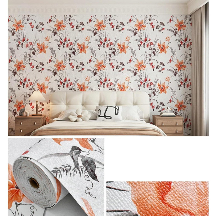 Rola Autoadeziva pentru Perete, , din Panza, 10 m, Rezistenta la Umezeala, 2.5 mm Grosime, Model Flori, Portocaliu [4]