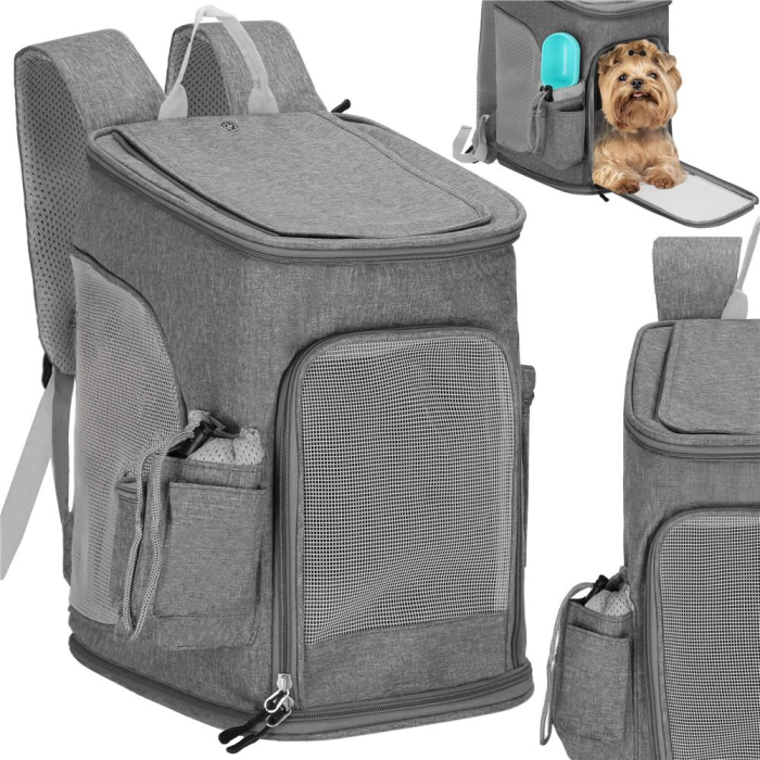 Rucsac transport animale talie mica-medie, maxim 12 kg, buzunare laterale, 39x28x27 cm, gri [5]