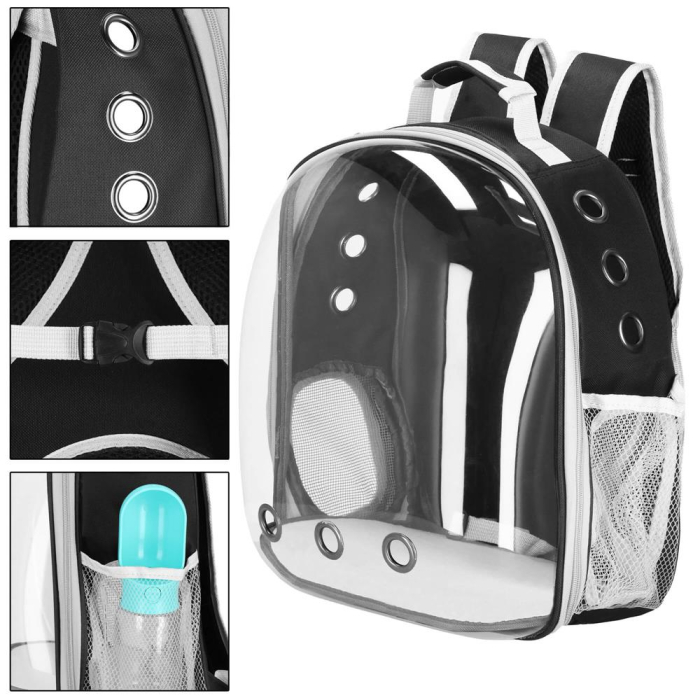 Rucsac transport animale talie mica-medie, maxim 12 kg, hublou panoramic transparent, buzunare laterale, gri [10]