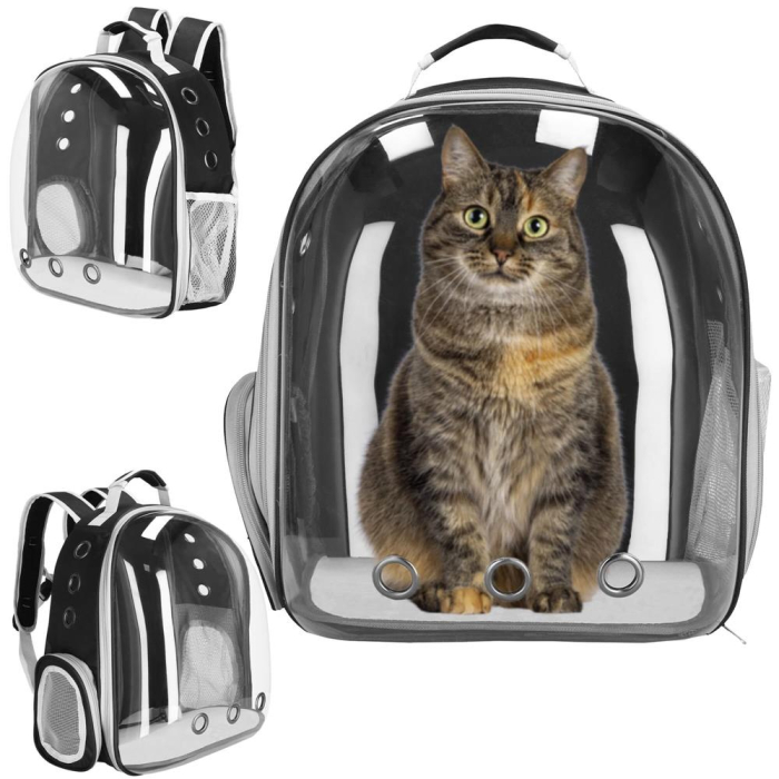 Rucsac transport animale talie mica-medie, maxim 12 kg, hublou panoramic transparent, buzunare laterale, gri [3]