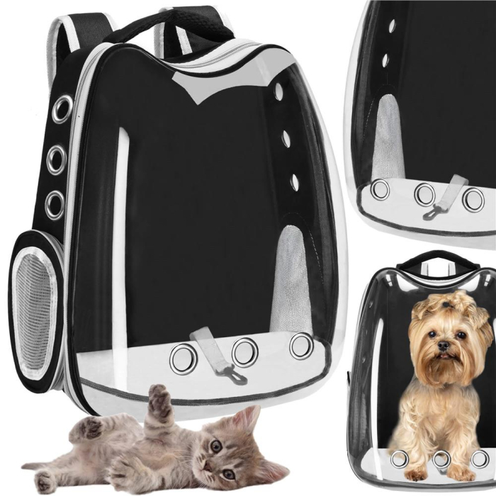 Rucsac transport animale talie mica-medie, maxim 12 kg, hublou panoramic transparent, buzunare laterale, negru [9]