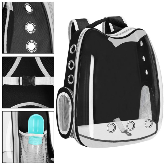 Rucsac transport animale talie mica-medie, maxim 12 kg, hublou panoramic transparent, buzunare laterale, negru [4]