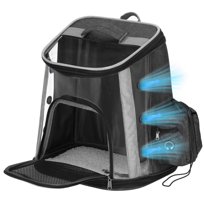 Rucsac transport animale talie mica-medie, maxim 15 kg, buzunare laterale, 38x34x26 cm, negru [17]