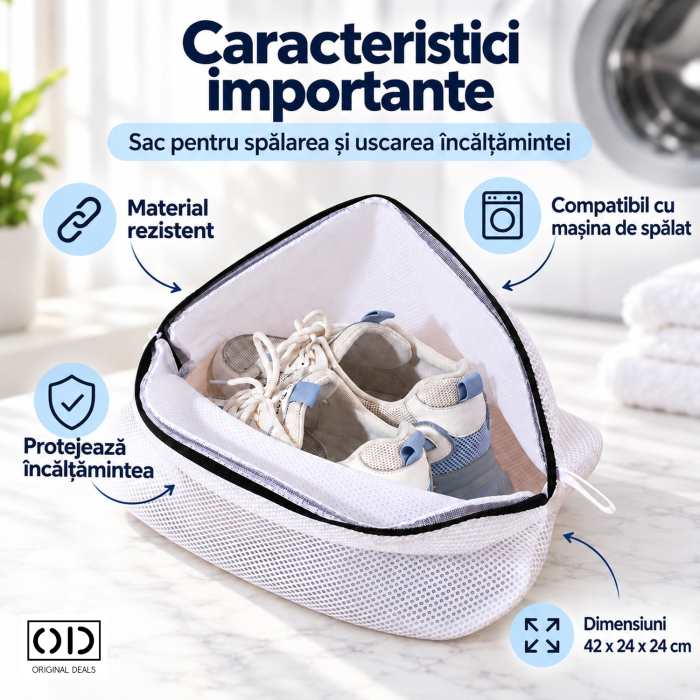 Sac pentru Spalarea Incaltamintei ORIGINAL DEALS, Poliester Alb cu Fermoar, 42 x 24 x 24 cm, pentru Pantofi Sport [3]