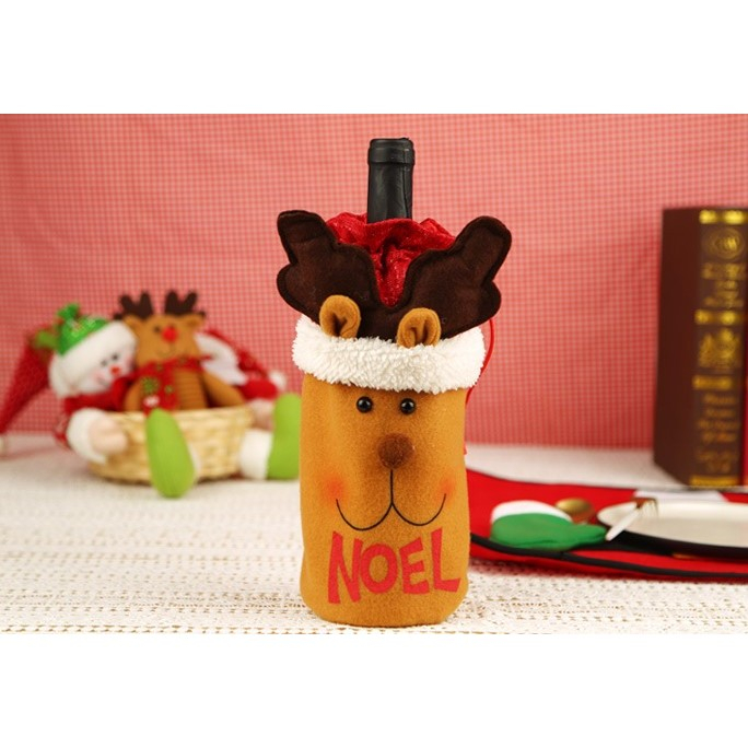 Saculet de Craciun pentru Sticla de Bautura, , Model Ren Accesorizat, Tematica Petrecere de Craciun, Marime Universala, 13x28 cm, Maro [3]