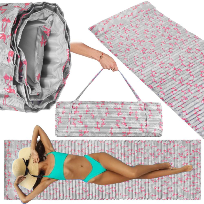 Saltea pentru plaja pliabila, din spuma, ultra-usoara, cu perna si maner de transport, 60x180cm, gri flamingo roz [17]