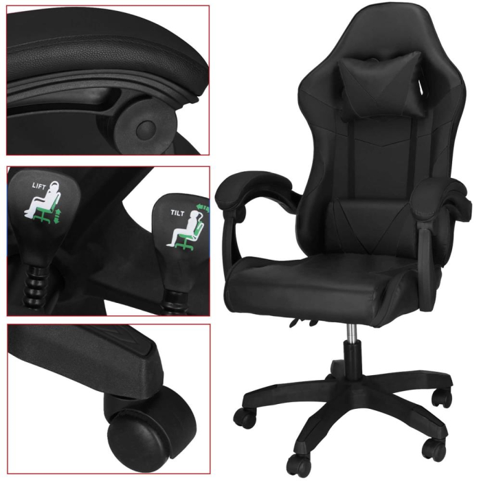 Scaun birou pentru gaming, ergonomic, suport lombar si tetiera, 114-123x55x50 cm, negru [13]