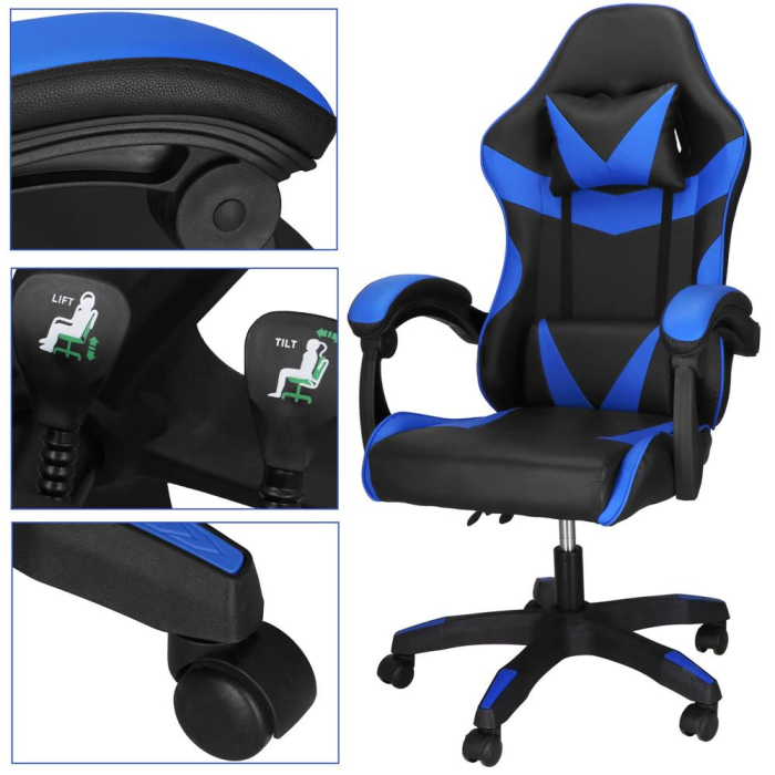 Scaun birou pentru gaming, ergonomic, suport lombar si tetiera, 114-123x55x50 cm, negru si albastru [11]