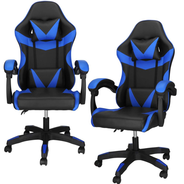 Scaun birou pentru gaming, ergonomic, suport lombar si tetiera, 114-123x55x50 cm, negru si albastru [5]