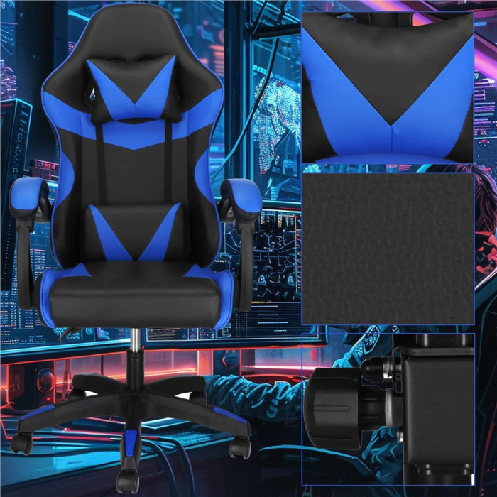 Scaun birou pentru gaming, ergonomic, suport lombar si tetiera, 114-123x55x50 cm, negru si albastru [7]
