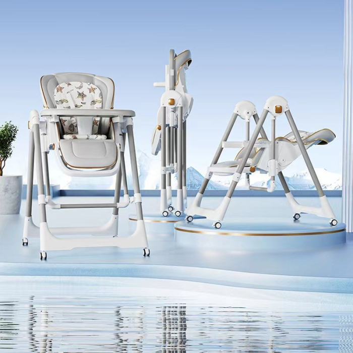 Scaun de Masa 2in1, , pentru Copii 6 luni - 4 Ani, Pliabil, cu Roti, Balansoar, Leagan, Reglabil, Tava de Masa Dubla, Centura in 5 Puncte, 96 x 56 x 76 cm, Gri [4]