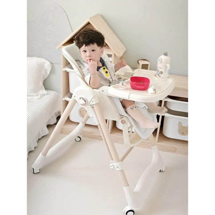 Scaun de Masa 2in1, , pentru Copii 6 luni - 4 Ani, Pliabil, cu Roti, Balansoar, Leagan, Reglabil, Tava de Masa Dubla, Centura in 5 Puncte, 96 x 56 x 76 cm, Sampanie [6]