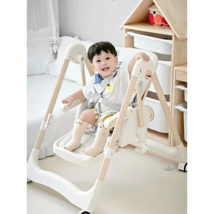 Scaun de Masa 2in1, , pentru Copii 6 luni - 4 Ani, Pliabil, cu Roti, Balansoar, Leagan, Reglabil, Tava de Masa Dubla, Centura in 5 Puncte, 96 x 56 x 76 cm, Sampanie [5]