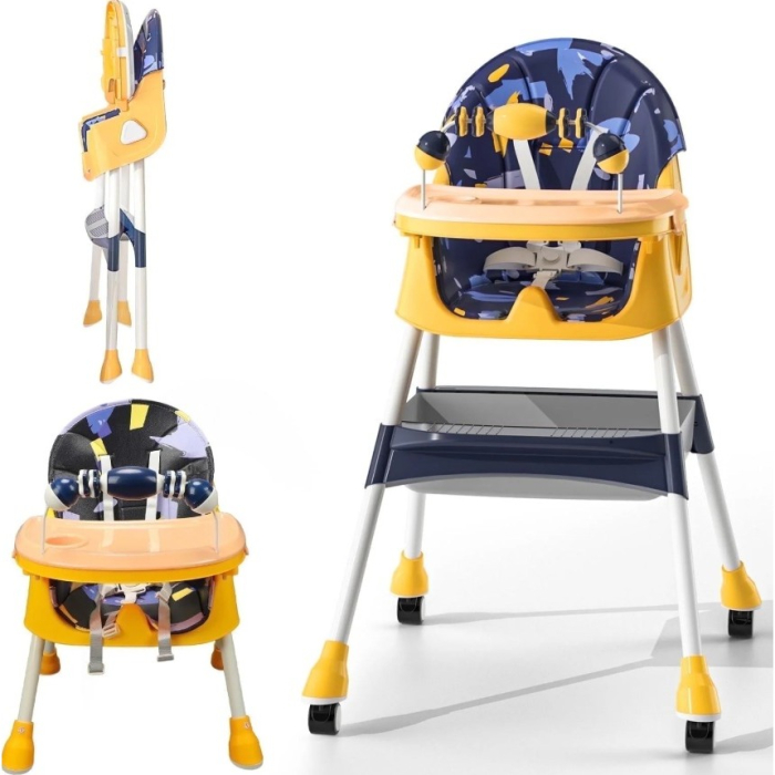 Scaun de Masa 2in1, , pentru Copii de la 6 luni - 5 Ani, Inaltime Reglabila, Centura in 5 Puncte, Tava de Masa, Roti cu Frana, Cos Depozitare, Jucarie Inclusa, 94 x 78 x 60 cm, Albastru/Galben [2]