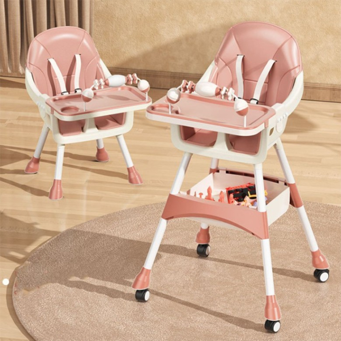 Scaun de Masa 2in1, , pentru Copii de la 6 luni - 5 Ani, Inaltime Reglabila, Centura in 5 Puncte, Tava de Masa, Roti cu Frana, Cos Depozitare, Jucarie Inclusa, 94 x 78 x 60 cm, Roz [2]