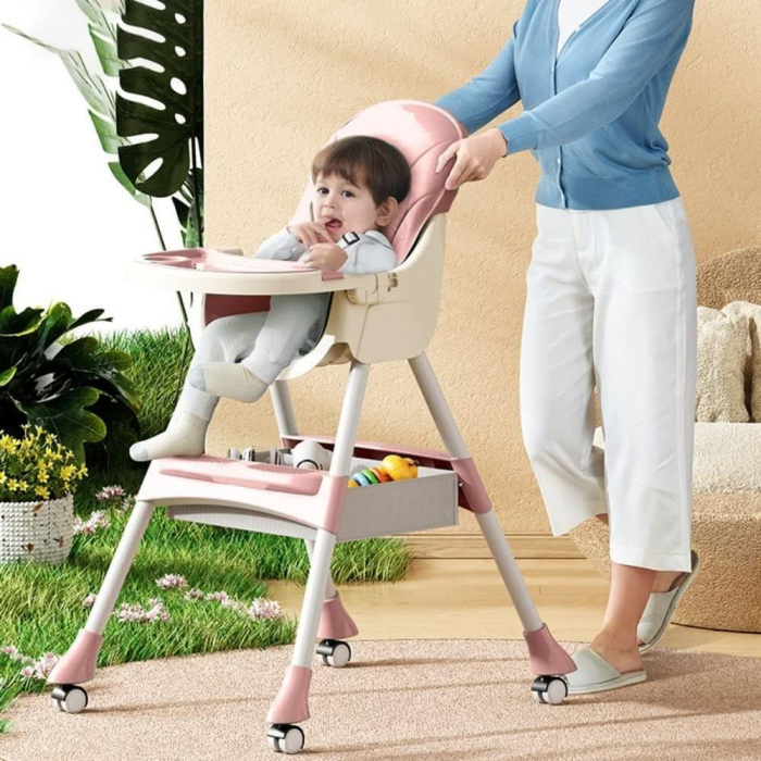 Scaun de Masa 2in1, , pentru Copii de la 6 luni - 5 Ani, Inaltime Reglabila, Centura in 5 Puncte, Tava de Masa, Roti cu Frana, Cos Depozitare, Jucarie Inclusa, 94 x 78 x 60 cm, Roz [3]
