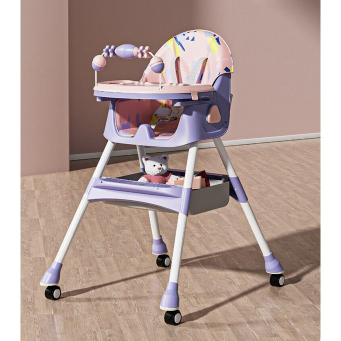Scaun de Masa pe Roti pentru Copii, , 2 Tavite si Husa Detasabile, Multifuncțional, Stabil, Centura de Siguranta, Spatar Reglabil Moale, Balansoar, Cos de Depozitare, de la 6 Luni, Mov [7]