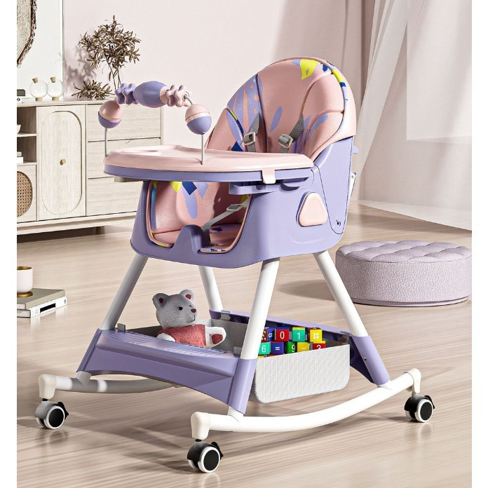 Scaun de Masa pe Roti pentru Copii, , 2 Tavite si Husa Detasabile, Multifuncțional, Stabil, Centura de Siguranta, Spatar Reglabil Moale, Balansoar, Cos de Depozitare, de la 6 Luni, Mov [2]