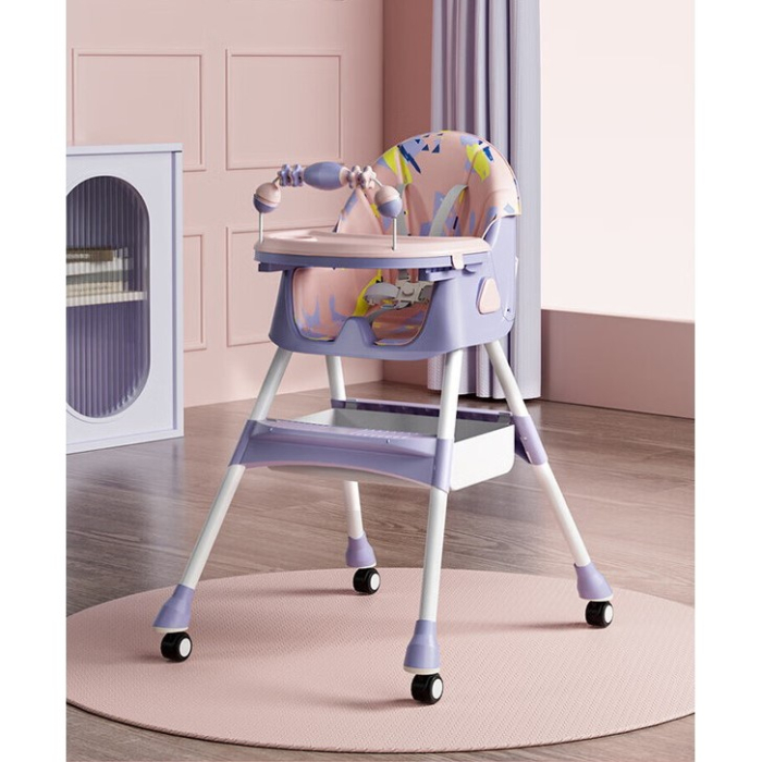 Scaun de Masa pentru Bebelusi si Copii, , 2 Tavite cu Jucarii si Husa Detasabile, Multifuncțional, Stabil, Centura de Siguranta, Spatar Reglabil Moale, Balansoar, Cos de Depozitare, de la 6 Luni, 97x73x65cm, Mov [2]