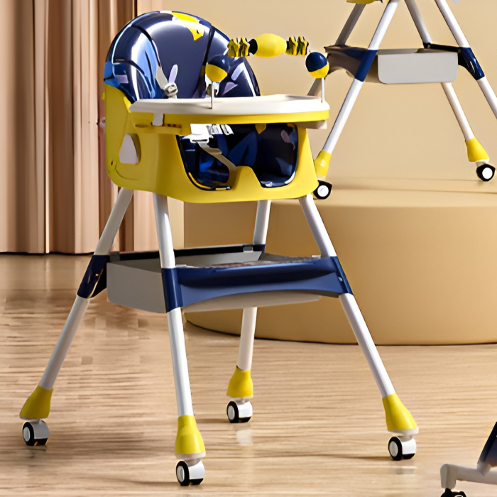Scaun de Masa pentru Bebelusi si Copii, , 2 Tavite cu Jucarii si Husa Detasabile, Multifuncțional, Stabil, Centura de Siguranta, Spatar Reglabil Moale, Balansoar, Cos de Depozitare, de la 6 Luni, 97x73x65cm, Galben [4]