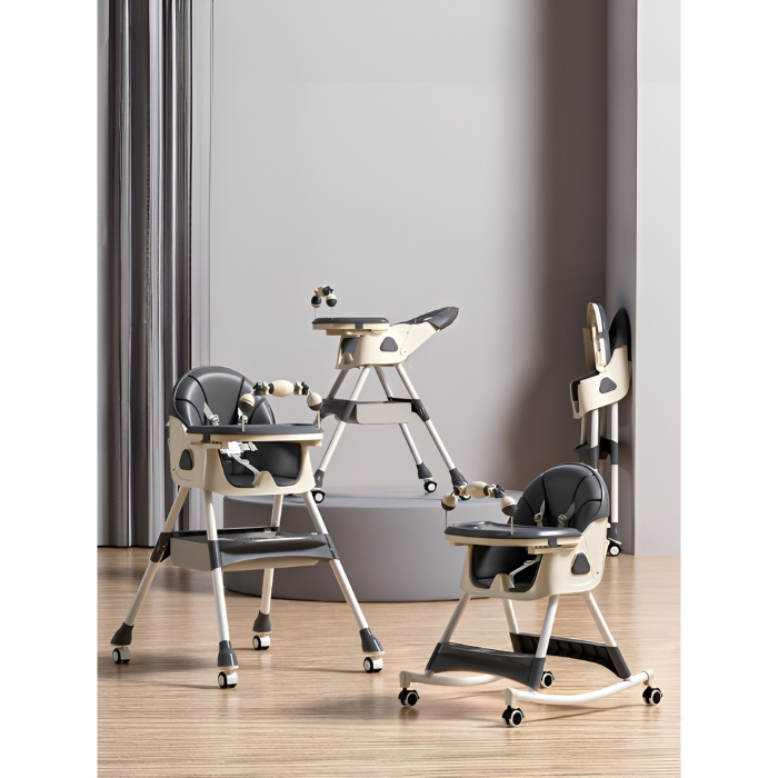 Scaun de Masa pentru Bebelusi si Copii, , 2 Tavite cu Jucarii si Husa Detasabile, Multifuncțional, Stabil, Centura de Siguranta, Spatar Reglabil Moale, Balansoar, Cos de Depozitare, de la 6 Luni, 97x73x65cm, Gri [2]