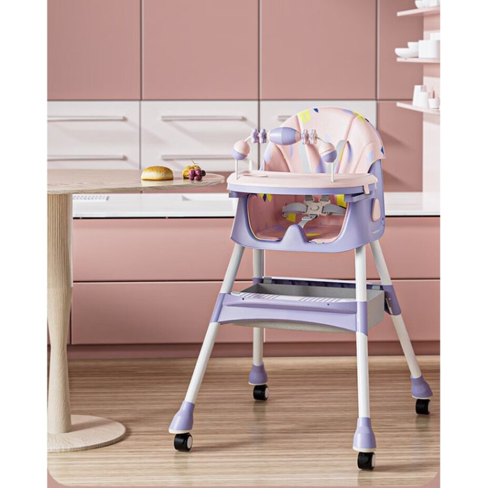 Scaun de Masa pentru Bebelusi si Copii, , 2 Tavite cu Jucarii si Husa Detasabile, Multifuncțional, Stabil, Centura de Siguranta, Spatar Reglabil Moale, Balansoar, Cos de Depozitare, de la 6 Luni, 97x73x65cm, Mov [10]