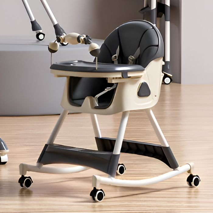 Scaun de Masa pentru Bebelusi si Copii, , 2 Tavite cu Jucarii si Husa Detasabile, Multifuncțional, Stabil, Centura de Siguranta, Spatar Reglabil Moale, Balansoar, Cos de Depozitare, de la 6 Luni, 97x73x65cm, Gri [3]