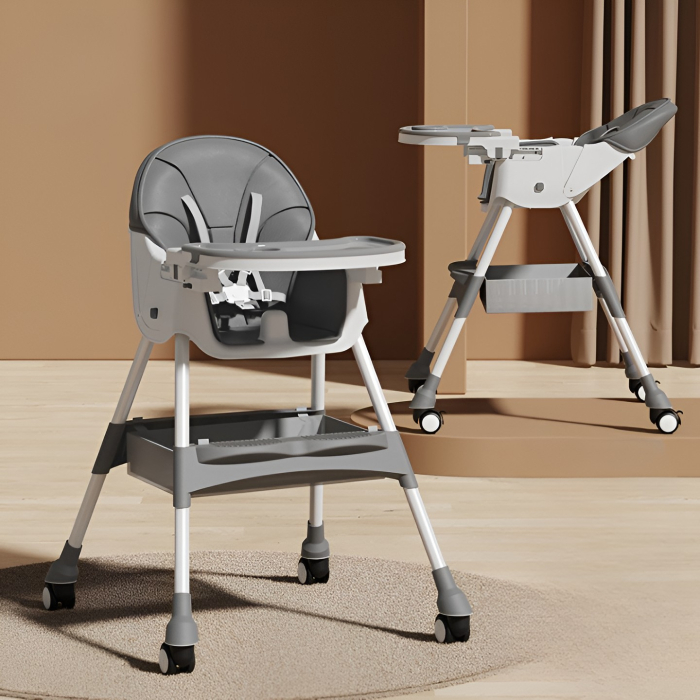 Scaun de Masa pentru Bebelusi si Copii, , cu Roti, Telescopic, Pliabil, Masuta Reglabila, Suport Picioare, Scaun cu Invelis Piele Artificiala, Centura Siguranta, Spatiu Depozitare, 97x73x65 cm, Gri [2]