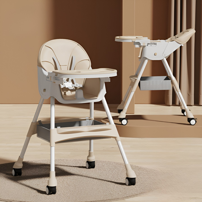 Scaun de Masa pentru Bebelusi si Copii, , cu Roti, Telescopic, Pliabil, Masuta Reglabila, Suport Picioare, Scaun cu Invelis Piele Artificiala, Centura Siguranta, Spatiu Depozitare, 97x73x65 cm, Bej [4]