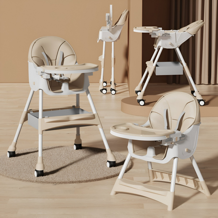 Scaun de Masa pentru Bebelusi si Copii, , cu Roti, Telescopic, Pliabil, Masuta Reglabila, Suport Picioare, Scaun cu Invelis Piele Artificiala, Centura Siguranta, Spatiu Depozitare, 97x73x65 cm, Bej [3]