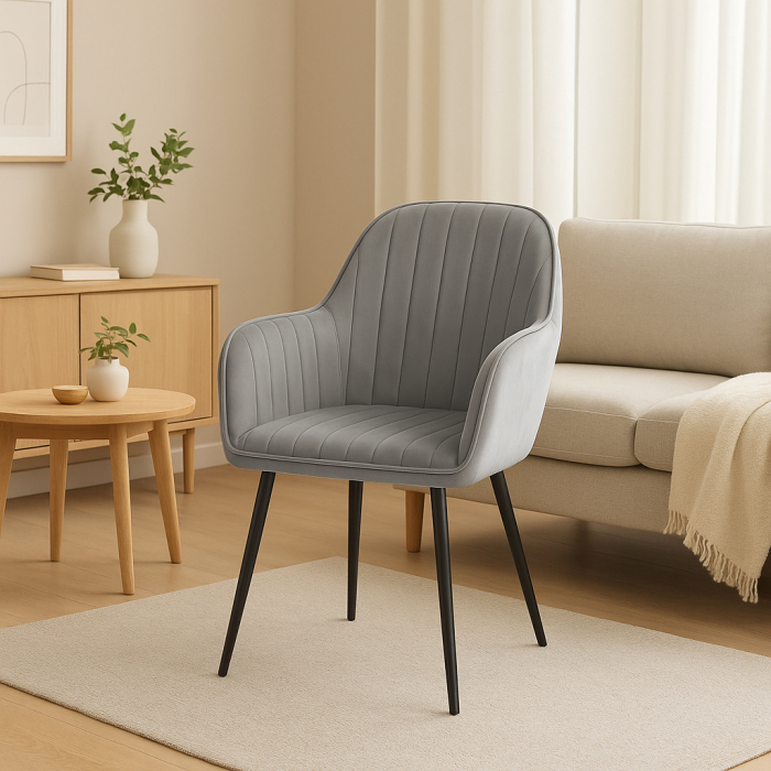 Scaun living tapitat, design modern, catifea, picioare metalice, 85x52x46 cm, gri [18]