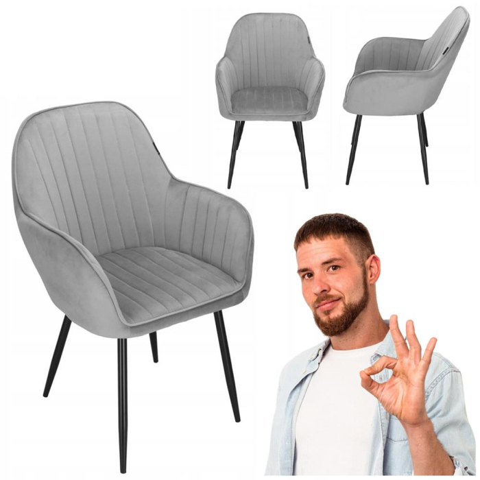 Scaun living tapitat, design modern, catifea, picioare metalice, 85x52x46 cm, gri [5]