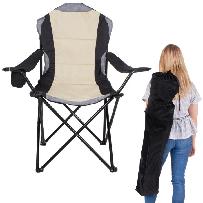 Scaun pliabil camping sau pescuit Premium, cu suport pahar, crem si negru [11]