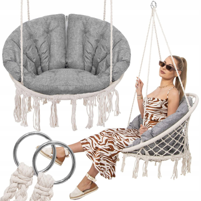 Scaun rotund Sersimo tip leagan suspendat cu perna Confort Plus casa sau gradina, bej [14]