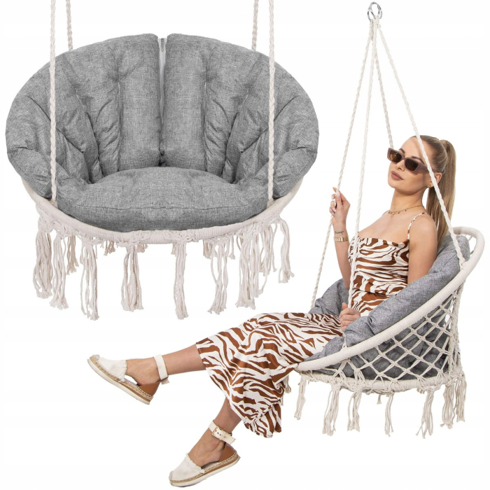 Scaun rotund Sersimo tip leagan suspendat cu perna Confort Plus casa sau gradina, bej [3]