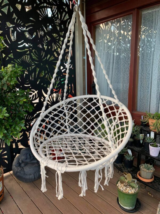 Scaun rotund tip leagan suspendat pentru casa sau gradina, cu franjuri, 150kg, crem [5]