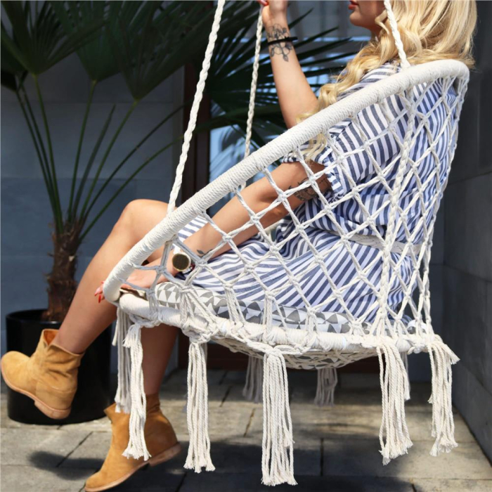 Scaun rotund tip leagan suspendat pentru casa sau gradina, cu franjuri, 150kg, crem [2]